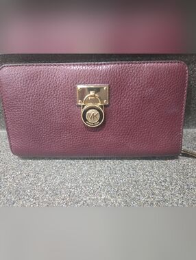Michael Kors Pebbled Leather Zip Wallet in Wine with Gold Hardware